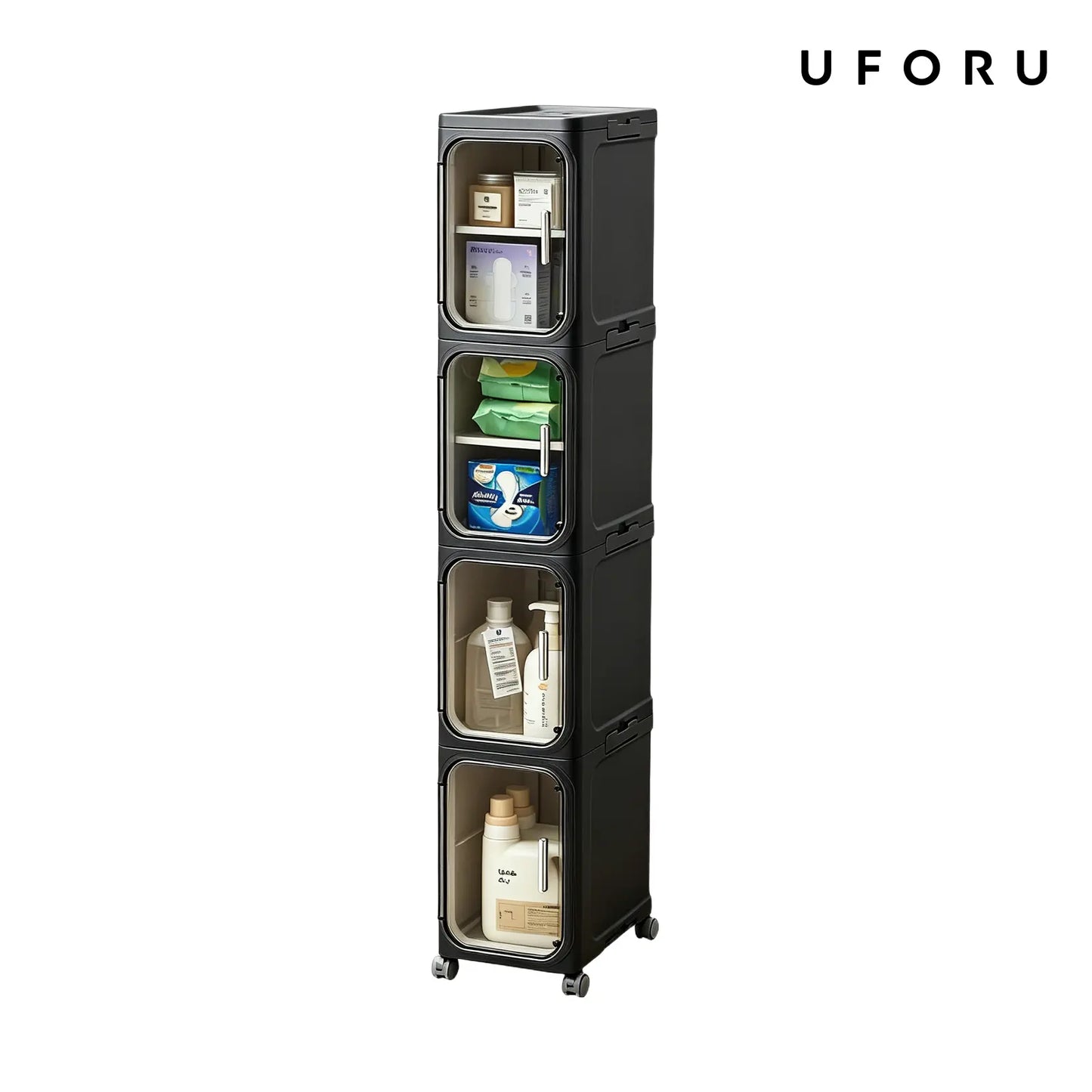 UFORU 4-Tier Tall Narrow Storage Cabinet, Plastic Slim Storage Organizer with Doors and Adjustable Shelves, Wheels, Stackable & Collapsible Storage Cabinet for Small Spaces, Bathroom, Kitchen FathersDayGift