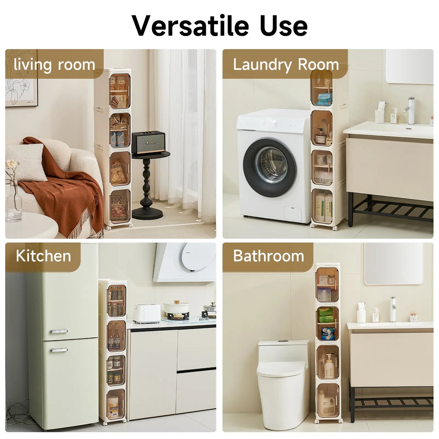 UFORU 4-Tier Tall Narrow Storage Cabinet, Plastic Slim Storage Organizer with Doors and Adjustable Shelves, Wheels, Stackable & Collapsible Storage Cabinet for Small Spaces, Bathroom, Kitchen FathersDayGift