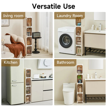 UFORU 4-Tier Tall Narrow Storage Cabinet, Plastic Slim Storage Organizer with Doors and Adjustable Shelves, Wheels, Stackable & Collapsible Storage Cabinet for Small Spaces, Bathroom, Kitchen FathersDayGift