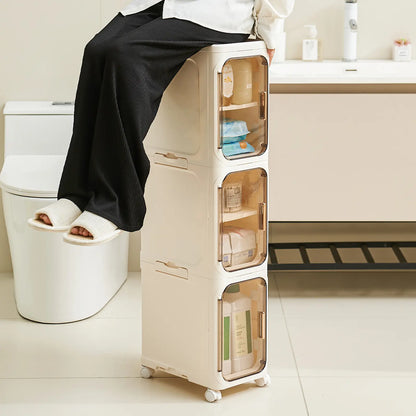 UFORU 4-Tier Tall Narrow Storage Cabinet, Plastic Slim Storage Organizer with Doors and Adjustable Shelves, Wheels, Stackable & Collapsible Storage Cabinet for Small Spaces, Bathroom, Kitchen FathersDayGift